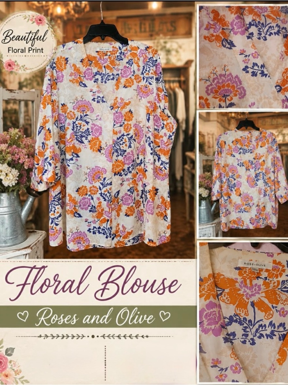 Rose & Olive White Floral Tunic with Orange, Purple & Blue Blooms
